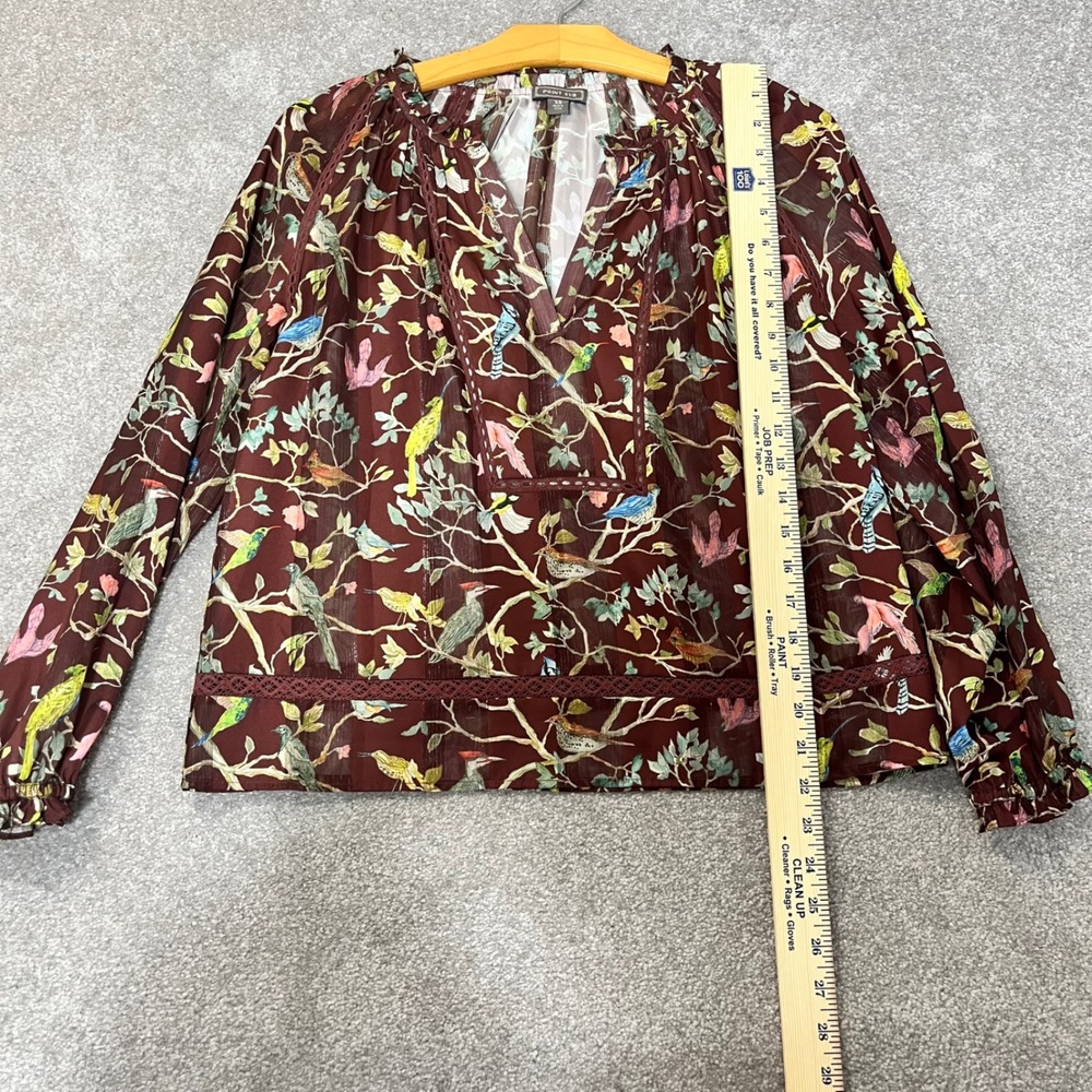 Point Sur J.Crew Blouse Womens XS Burgundy Bird Print Metallic Lace - Picture 5 of 11